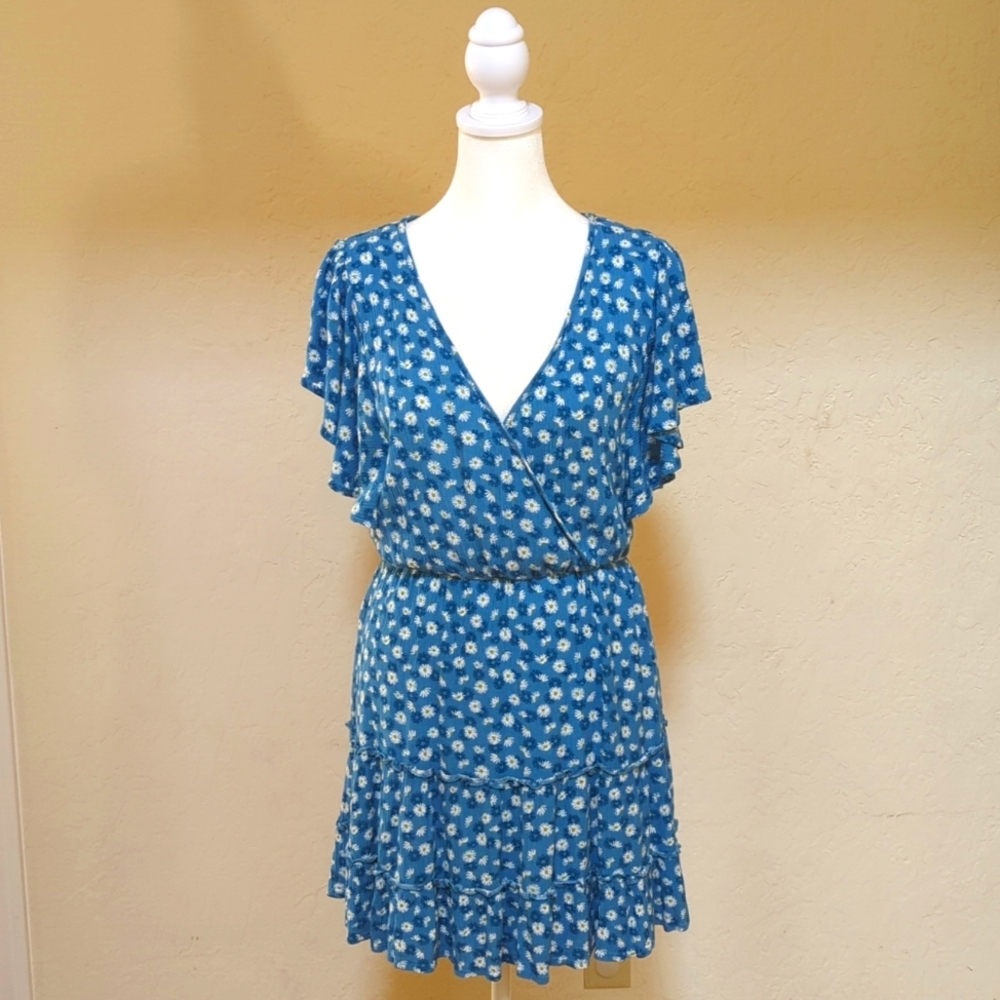 Altar'd State Blue Daisy Wrap Cap Ruffled Sleeves Tiered Mini Dress Size Small